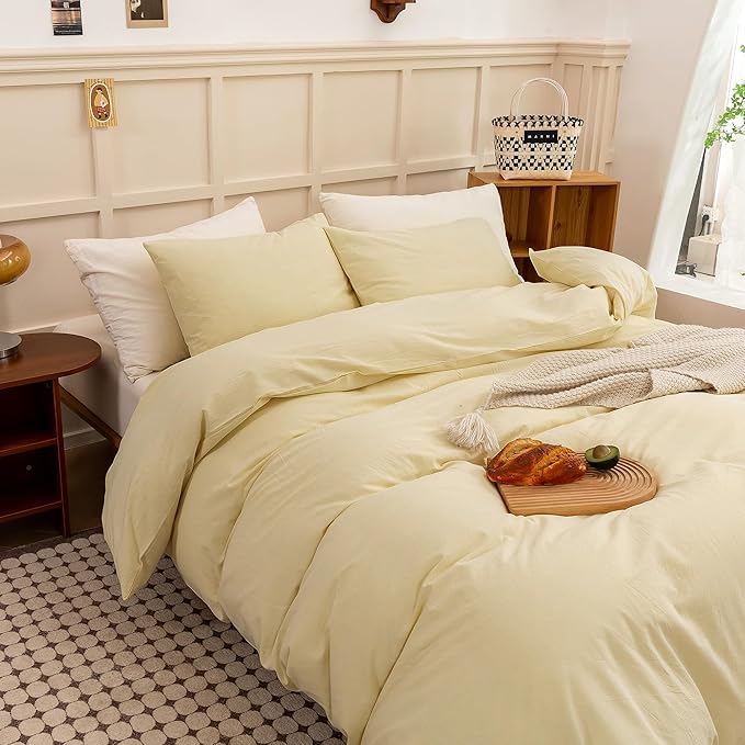 ECOCOTT Duvet Cover Set, 100% Washed Cotton Linen-Like Soft & Breathable, Durable Comfy Bedding Set for All Seasons (Light Yellow, Queen)