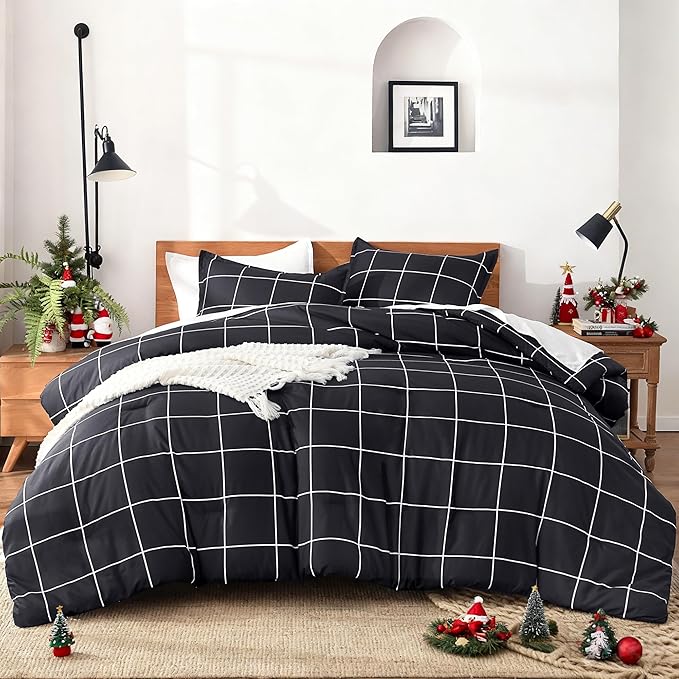 Andency Black Grid Comforter Set Queen(90x90Inch), 3 Pieces (1 Plaid Comforter and 2 Pillowcases) Black Plaid Comforter Set, Lightweight Microfiber Gingham Geometric Comforter Bedding Set