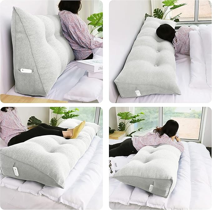 WOWMAX Headboard Wedge Pillow King Triangular Headboard Pillow Bed Wedge Pillow for Headboard Wedge Pillow Headboard for Daybed Bunk Bed Large Bolster Pillow for Bed with Removable Cover, Grey-Beige