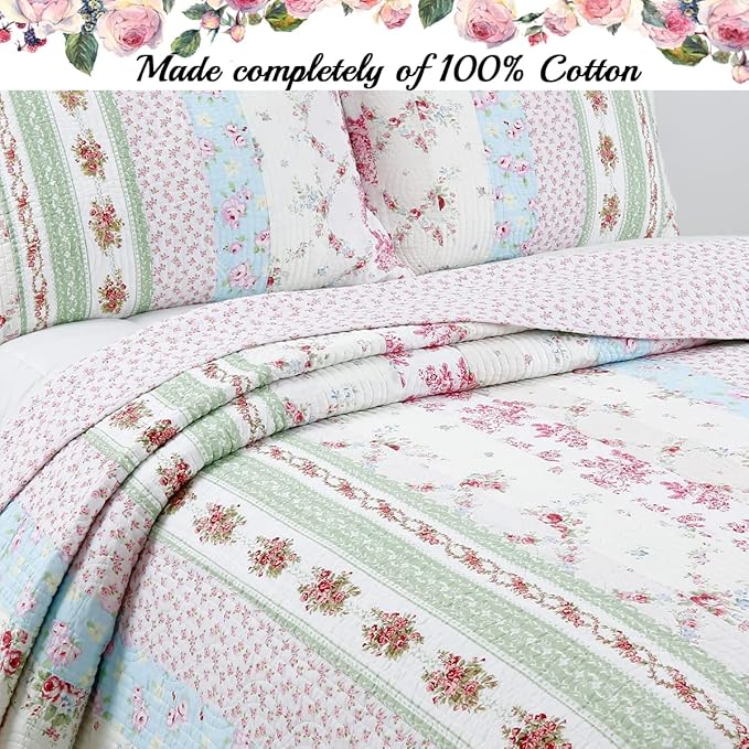 Cozy Line Home Fashions 100% Cotton Real Patchwork Pink Floral Cottage Shabby Chic Reversible Quilt Bedding Set, Bedspread, Coverlet (Wild Rose, King - 3 Piece)