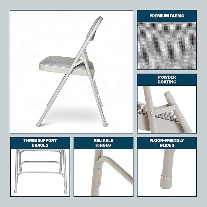 OEF Furnishings OEF2300 Series Heavy-Duty Premium Fabric Padded Upholstery Double-Hinged Triple-Braced Folding Chairs (4-Pack, Slate Gray)