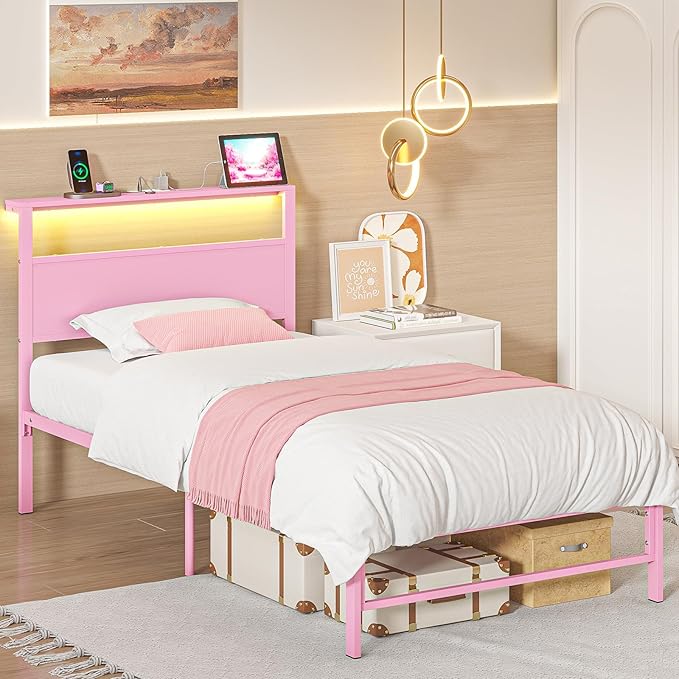 Weehom Twin Bed Frames with Headboard Shelf Storage, Wood Twin Bed Frame with Charging Station and LED Lights, No Box Spring Needed Twin Size Metal Bed Frame for Kids Students, Pink