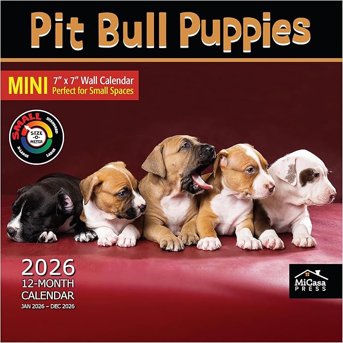 MICASA PRESS Pit Bull Puppies 2026 Mini Wall Calendar 12 Month | 7" x 14" Open | Thick & Sturdy Paper | Holiday Gift | Cute Puppy Dog Calendar 2026