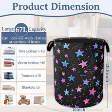 Blue Pink Stars Laundry Basket,Oxford Cloth Laundry Hamper With Handle Foldable Portable Clothes Storage Basket for Laundry Room/Bedroom/Bathroom 20.8