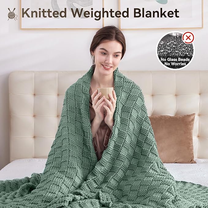 Knitted Weighted Blanket for Adult, No Beads Heavy Blanket 48” x 72'' 12lbs, Breathable Chunky Knit Blanket, Cooling Weighted Blanket for Hot Sleepers, Christmas Home Decor (Light Green)