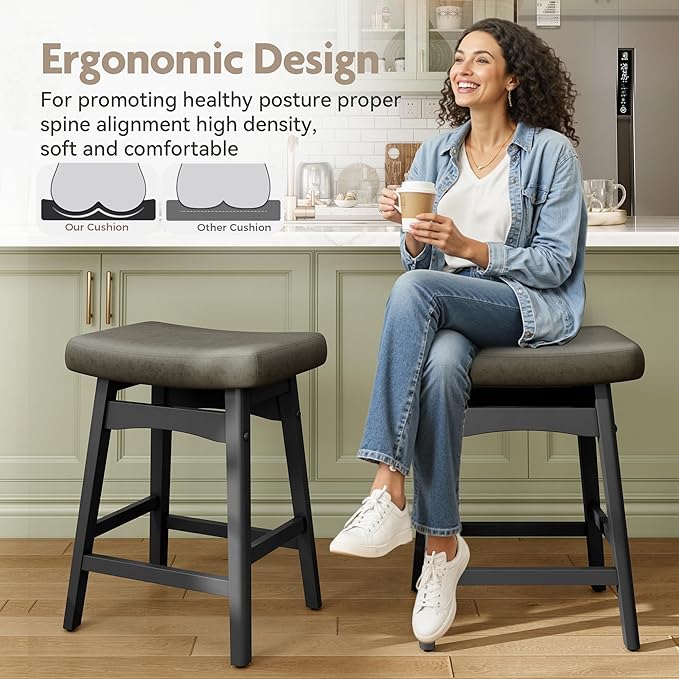 MAISON ARTS Wood Counter Height Bar Stools Set of 3 for Kitchen Counter Solid Wood Legs with Faux Leather Saddle Seat Farmhouse Barstools for 34"-38" Counter Island Upholstered Stools, 24in Grey