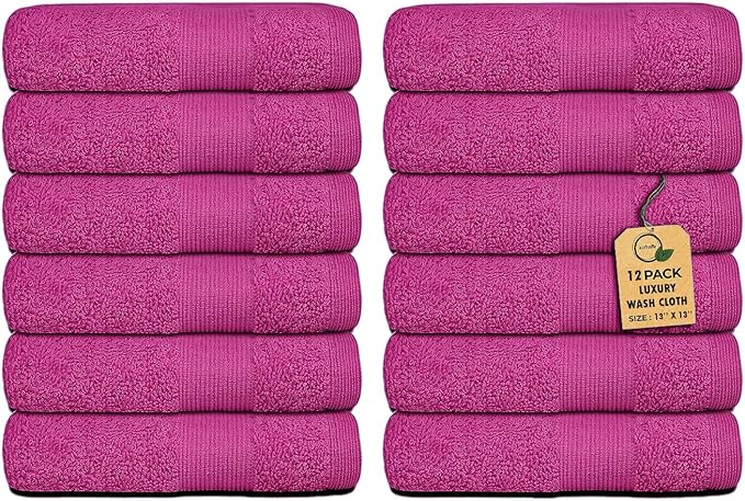 Premium Wash Cloths Pack of 12 (13" x 13") 100% Ring Spun Cotton | Luxury Washcloths | Ultra Soft Face Towels | Highly Absorbent Wash Cloths for face (Dark Pink)