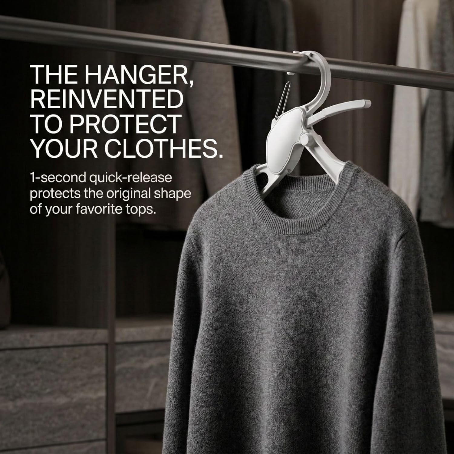 Quick-Release Clothes Hangers for Sweaters & T-Shirts - Neckline Protection, No Stretch, No Shoulder Bumps, Space-Saving Stackable Design [White, Pack of 5]