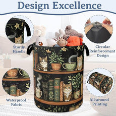 Cute Cat Laundry Basket,Foldable Oxford Cloth Bookshelf Laundry Hamper With Handle, 20.8