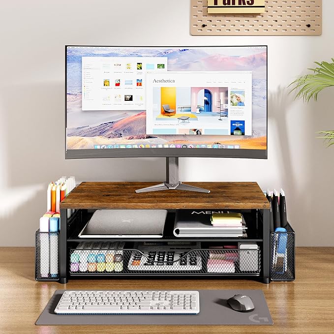 OPNICE Desk Organizers and Accessories, 2-Tier Computer Monitor Stand Riser with Drawer and 2 Pen Holders, Laptop Stand, Office Desk Accessories for Office Supplies, Brown