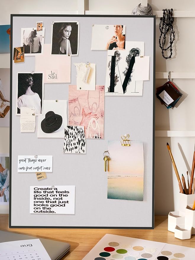 Bulletin Board 30 x 20 inches, Lavender Gray Pin Board, Black Aluminum Framed Fabric Cork Board with 10 Push Pins