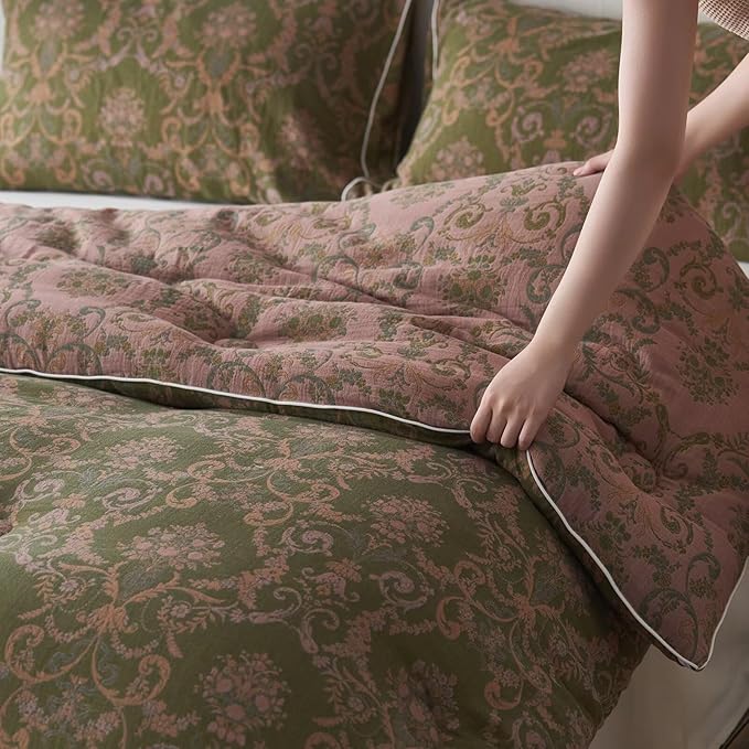 MKXI Floral Linen Comforter Set Full Army Green Vintage Paisley Comforter Bedding for Neutral Bedroom Rich Rust Jacquard Floral Bed Comforters for Men Women Cotton Yarn-Dyed Textured Soft Lightweight