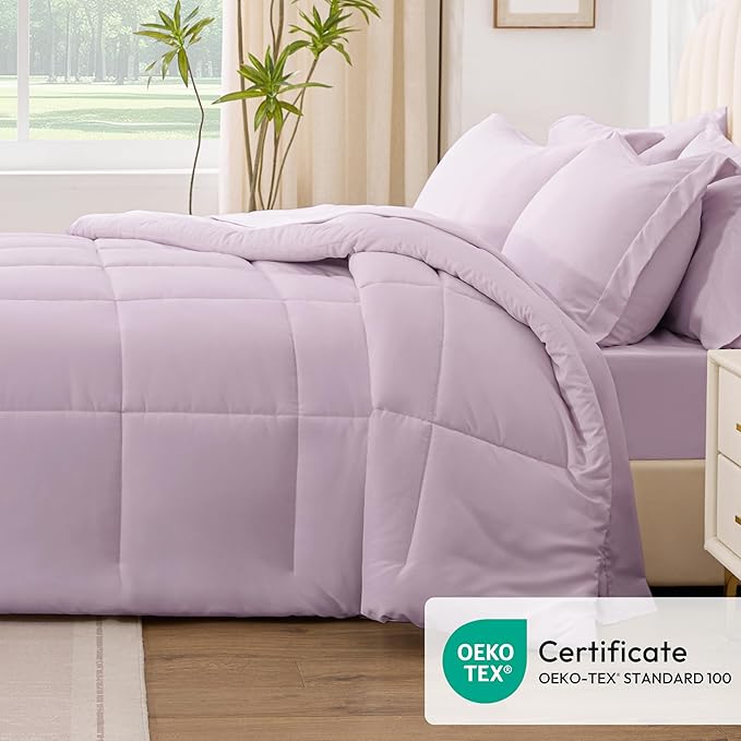 Love's cabin Full Comforter Set Light Purple, 7 Pieces Full Bed in a Bag, All Season Bedding Sets with 1 Comforter, 1 Flat Sheet, 1 Fitted Sheet, 2 Pillowcase and 2 Pillow Sham