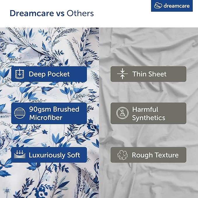 DREAMCARE Full Size Bed Sheets - Luxurious Floral Full Sheet Set - 4 Pc Ultra Soft Breathable Wrinkle Free Brushed Microfiber Floral Blue DREAMCARE