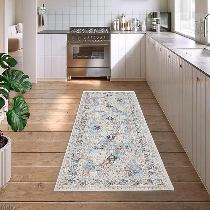 RCTJHOME 2'x6' Runner Rug for Hallway with 4 Non-Slip Tapes, Machine Washable Kitchen Boho Runner Rug, Distressed Bedroom Beside Rug, Laundry Room, Farmhouse Entryway Mat, Cream Beige Blue Colorful