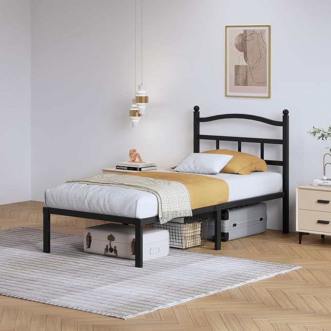 Metal Bed Frame with Headboard - 14 Inch Twin XL Size Heavy Duty Bedframe Black Basic Steel Slats Platform No Box Spring Needed/Easy Assembly/Noise Free
