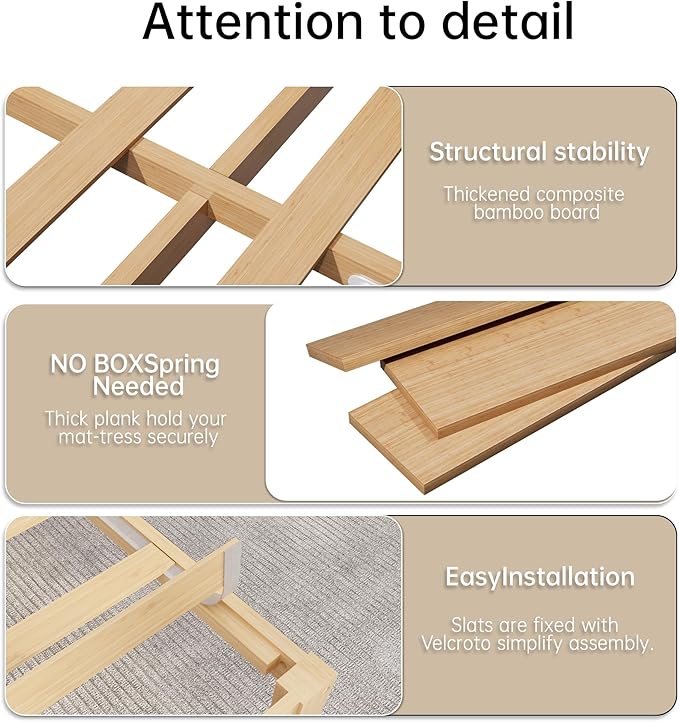 14 Inch Bamboo Bed Frame – Solid Wood Platform Bed Frame, Strong and Stable, with Non-Slip Slats for Support, No Box Spring Needed, Easy to Assemble, Noise-Free (Natural, Queen with Headboard)