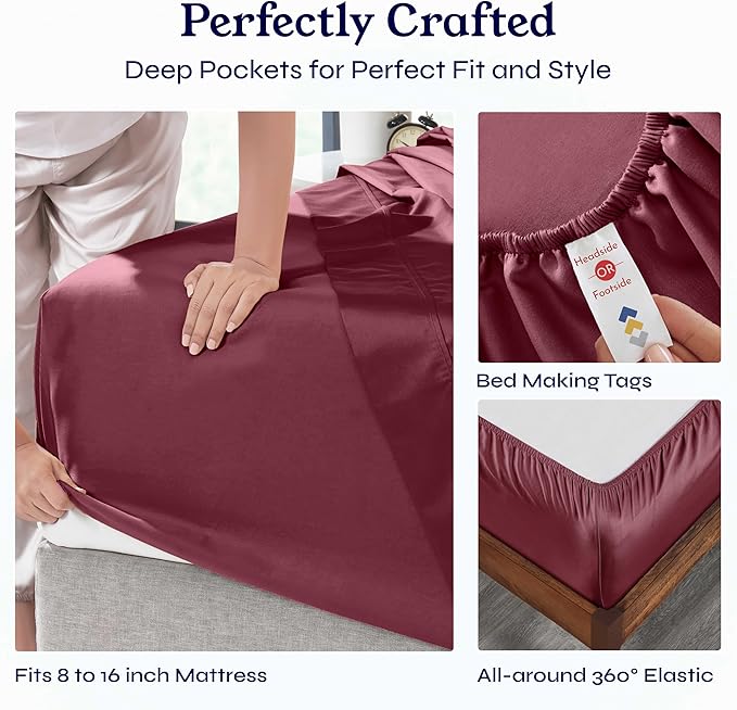 California Design Den Natural 100% Cotton Sheets, Soft Queen Sheet Set, 400 Thread Count Sateen, Deep Pockets with All-Around Elastic for a Snug Fit, Durable Bedding Set - Burgundy Red CaliforniaDesignDen