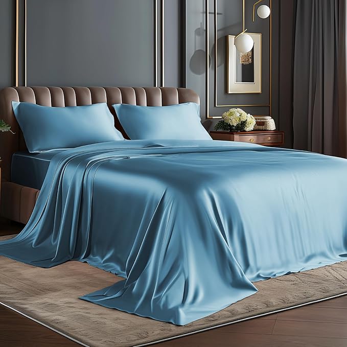 BEDELITE California King Sheets Set, Luxury Soft Airy Blue Satin Sheets for Hair and Skin, Similar to Silk Bed Sheets Set 4 Pieces with 1 Deep Pocket Fitted Sheet, 1 Flat Sheet, and 2 Pillowcases