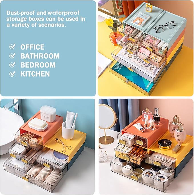 2PACK Stackable Desktop Organizer with Drawer 6.5"x9"x3" Desk Storage Drawer Office Plastic Organizer Clear Small Drawer for Pens, Stationery, Accessories, Make Up (Yellow, M - 1 Drawer)