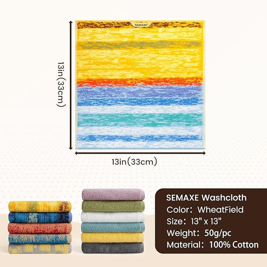 SEMAXE 100% Cotton Washcloths for Bathroom - 24 Pack, Quick-Dry Face Towels with Hanging Loop, Highly Absorbent and Soft, 13x13 Inch, Yellow | Blue