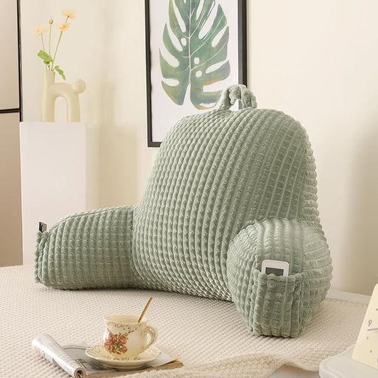 Reading Pillow for Sitting in Bed, Large Backrest Reading Pillow with Arm Rest,Back-Rest Support Cushion for Sit Up on Couch, Sofa, and Floor, Dorm Essentials (Green Flannel, Large(19"))