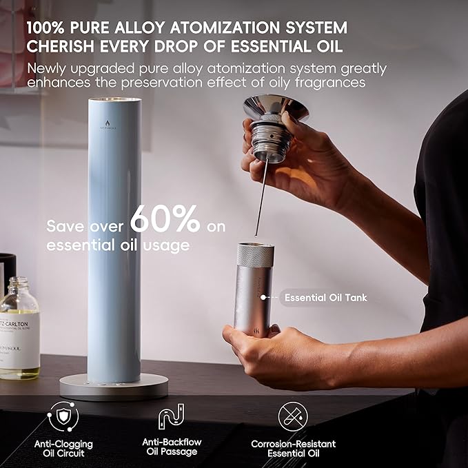 Waterless Scent Diffuser Starter Kit - Alloy Atomization System, Smart Rechargeable Hotel Scent Diffuser, 1500 Sq Ft Coverage, Including 120ml Essential Oil, for Home, Large Room, Spa, Pastel Blue