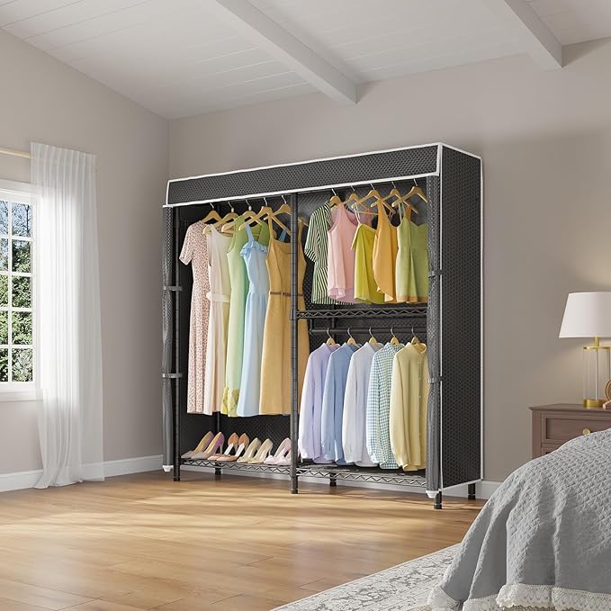 VIPEK V4C Garment Rack with Cover, Heavy Duty Portable Closet Adjustable Metal Clothing Rack for Hanging Clothes with Hanging Rods & Side Hooks, Max Load 810lbs, Black Rack with Black Cover