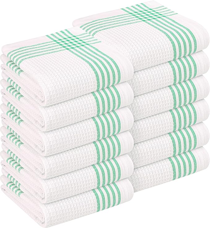 Dark Green Waffle Weave Kitchen Towels 12 Pack, 100% Cotton, 16x26 Inch, Ultra Absorbent, Quick Dry Dishcloths, Durable & Reusable Dish Towels for Home and Kitchen, Machine Washable