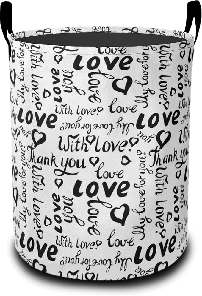 Laundry Basket,Black White Love Large Canvas Fabric Lightweight Storage Hamper Organizer Dirty Clothes Collapsible Waterproof for College Dorms,Bathroom