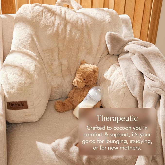 UnHide Squish Backrest Pillow - A Large Pillow with Arms for Sitting Up in Bed, Reading or Lounging - Removable, Washable Faux Fur Cover, Beige