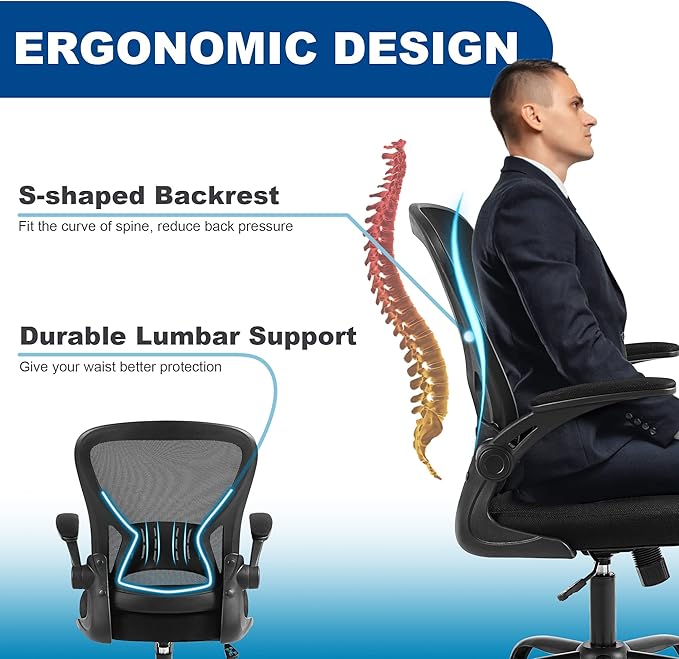 Youhauchair Mesh Office Chair, Ergonomic Home Office Desk Chairs with Flip-up Arms and Lumbar Support, Height Adjustable, Black