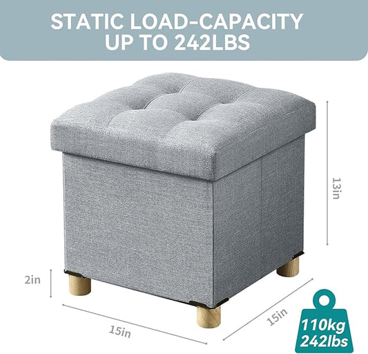 BRIAN & DANY Ottoman with Storage, Small Storage Ottoman for Dorm, Linen Folding Ottoman Foot Stool with Legs for Living Room and Bedroom, 15"x15"x15" - Light Gray