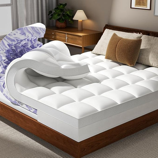 Dual Layer 5 Inch Memory Foam Mattress Topper Queen - 3 Inch Pillow Top Mattress Pad and 2 Inch Gel Memory Foam, 7-Zone Egg Crate Mattress Topper