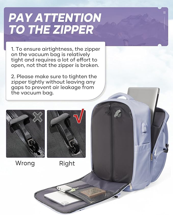 suwasp Vacuum Travel Backpack with Electric Vacpack Pump for Women, 40L Expandable Vacuum Compression Bags Personal Item Backpack Flight Approved Vacuum Seal Backpack for Traveling, Light Purple