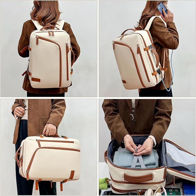 Travel Laptop Backpack for Men Women, Airline Approved Personal carry on Backpack with USB Charging Port,35L Large Water Resistant Durable anti theft Capacity Student Bag Fits 15.6 Inch Notebook,Cream