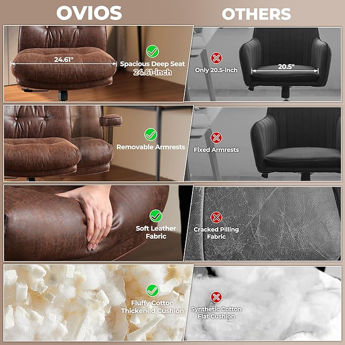 ovios Ergonomic Office Chair, High Back Faux Leather Executive Chairs with Thick Cushion, Comfy High-Century Modern Swivel Rolling Computer Armchair (Dark Brown, Suede Leather)