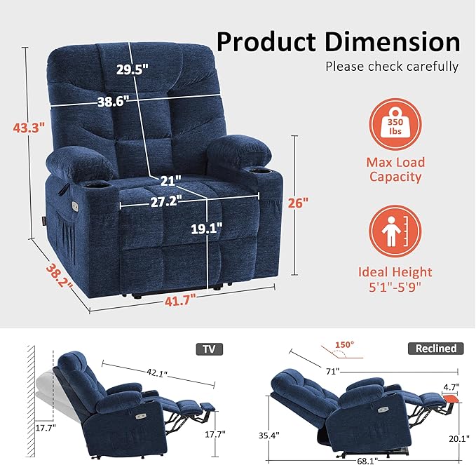 MCombo Oversized Power Lift Recliner Chair with Extended Footrest, Extra Wide 27.2" for Big and Tall Elderly People, Fabric R7289 (Navy Blue, Medium-Oversize)