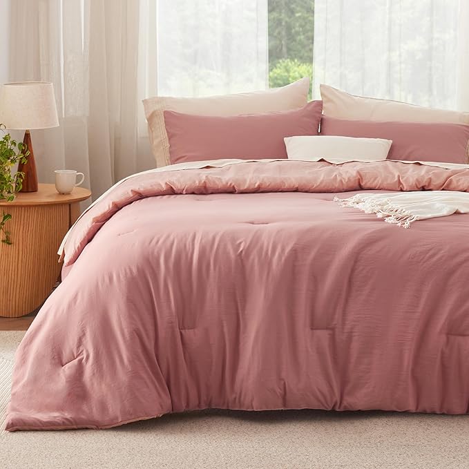 Bedsure Queen Size Comforter Set, Reversible Pink Clay Soft Prewashed Bedding for All Seasons, 3 Pieces Warm Down Alternative Bed Set, 1 Lightweight Comforter (90"x90") and 2 Pillowcases (20"x26")