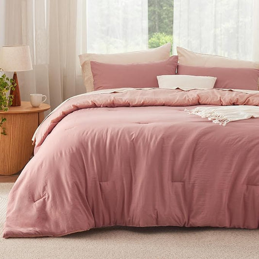 Bedsure Queen Size Comforter Set, Reversible Pink Clay Soft Prewashed Bedding for All Seasons, 3 Pieces Warm Down Alternative Bed Set, 1 Lightweight Comforter (90"x90") and 2 Pillowcases (20"x26")