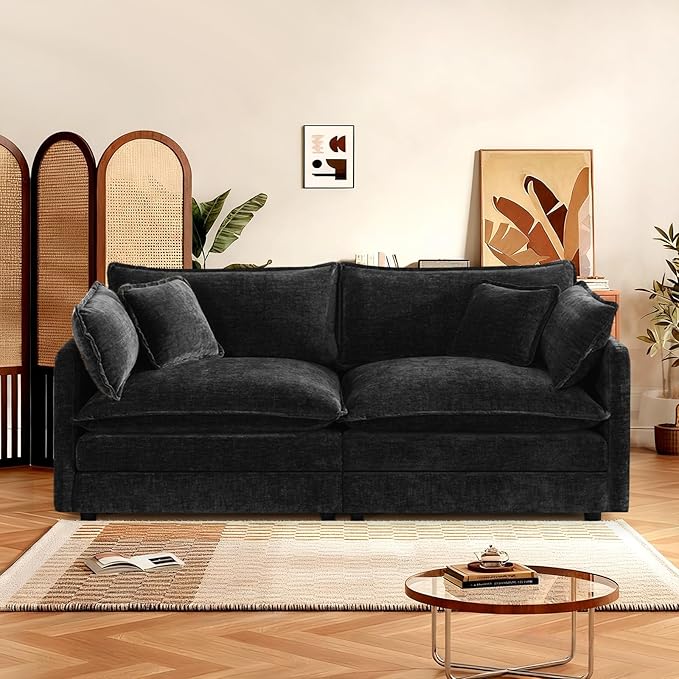 SoarFlash Chenille Sectional Sofa, Comfy Modular Loveseat Sofa, Modern 2-Seat Couch Deep Seat Sofa Set for Living Room,Black
