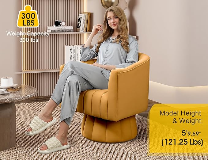 Accent Chair Mid Century 360 Degree Swivel Chair,Modern Lounge Sofa Round Barrel Chair with Wide Upholstered,Fluffy Velvet Fabric Chairs for Home Sofa Living Room/Bedroom/Waiting Room (Mustard)