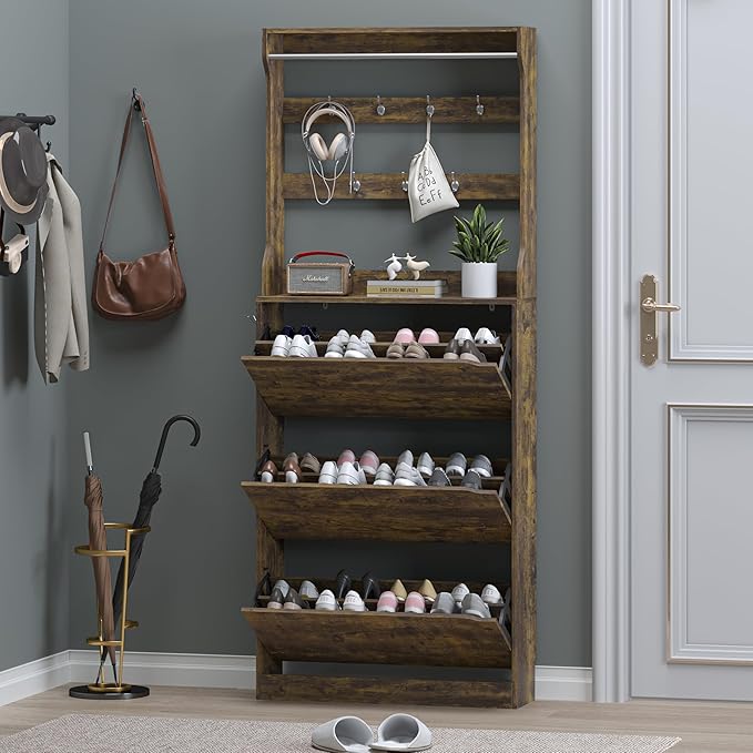 Shoe Cabinet with 3 Flip Drawers & Coat Rack, Narrow Hidden Shoe Storage Cabinet, 2-in-1 Hall Tree Slim Freestanding Shoe Rack Organizer for Entryway, Hallway, and Living Room