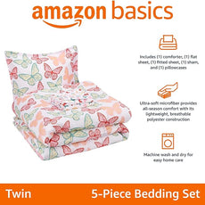 Amazon Basics Kid's Soft, Easy Care Microfiber Bed-in-a-Bag 5-Piece Bedding Set, Twin, Butterfly Friends