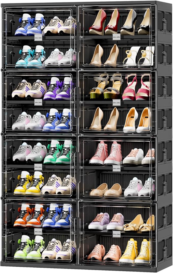 JEKO&JEKO 8 Tiers Foldable Shoe Rack Organizer Cabinet for Closet Entryway, Large Collapsible Shoe Storage Box with Magnetic Doors (Black)
