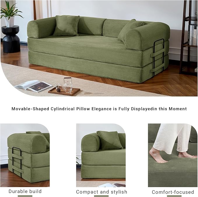 Compressed Sofa, Convertible Sofa Bed, Corduroy Compression Boneless Couch with Pillow, Comfy Modular Foldable Floor Sleeper Sofa for Bedroom, Living Room, Lounge, Studio (Green)