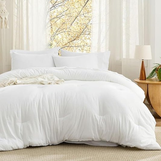 Bedsure King Size Comforter Set, White Soft Prewashed Bedding for All Seasons, 7 Pieces Warm Winter Down Alternative Bed Set, Fluffy Bed in a Bag with Sheets, Pillowcases & Shams