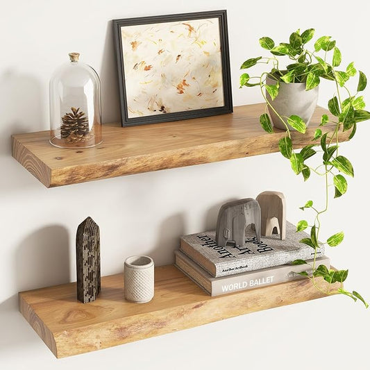 Live Edge Elm Floating Shelves for Wall Decor, Rustic Solid Wood Shevles Wall Mounted with Invisible Bracket for Living Room Bathroom Bedroom Kitchen, 24 Inch Set of 2, Natural