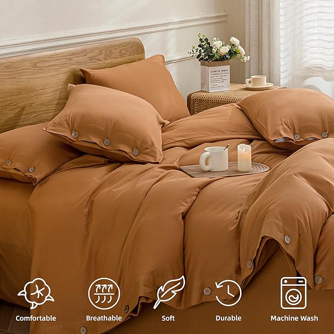 JELLYMONI Cotton Duvet Cover Queen Size - Burnt Orange Comforter Cover with Button 100% Washed Cotton 3PCS Breathable Soft Solid Bedding Set Duvet Cover 90×90in & 2 Pillowcases (NO Comforter)