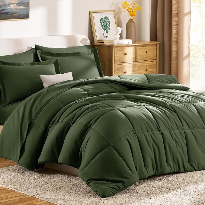 CozyLux Queen Comforter Set Olive Green - 7 Pieces Bed in a Bag Queen, All Season Breathable Bedding Sets,Oeko-Tex Certified Bed Set with Down Alternative Comforter, Sheets, Pillowcases & Pillow shams